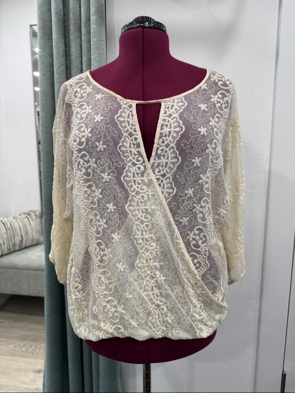 bobeau Cream Lace Surplice Blouse